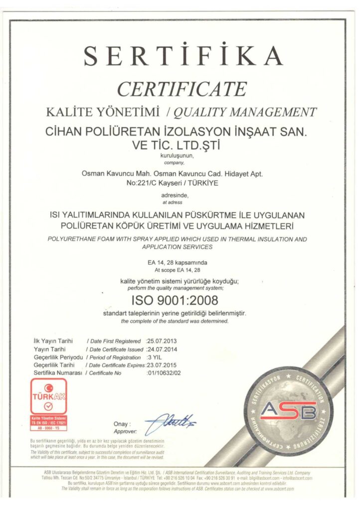 ISO 9001-2008 Kalite Yönetim Sistemi — belge görseli