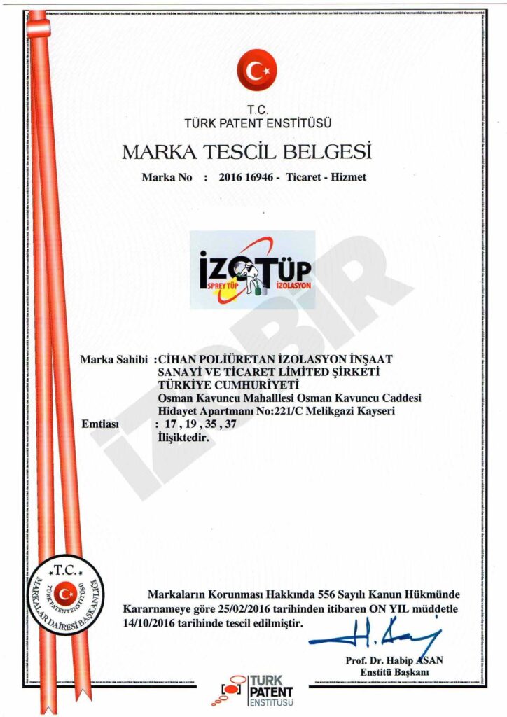 İZOTUP Marka Tescil Belgesi — belge görseli