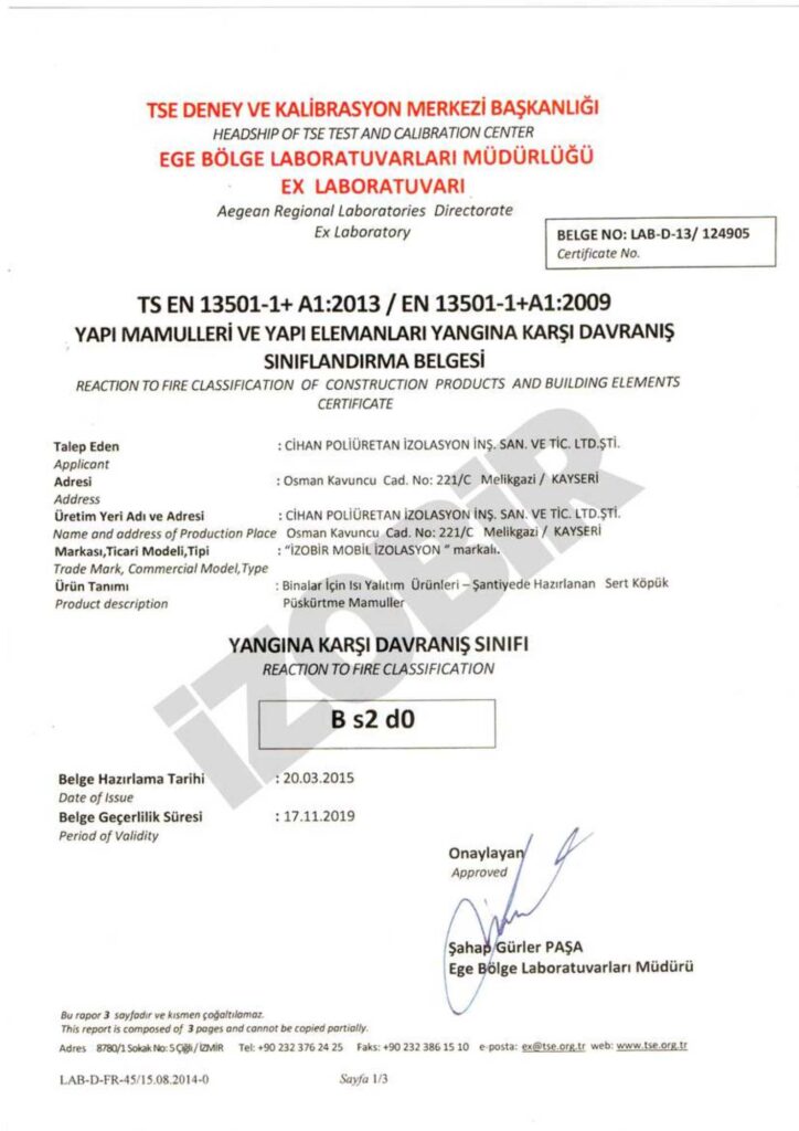 Yanmazlık Belgesi — belge görseli