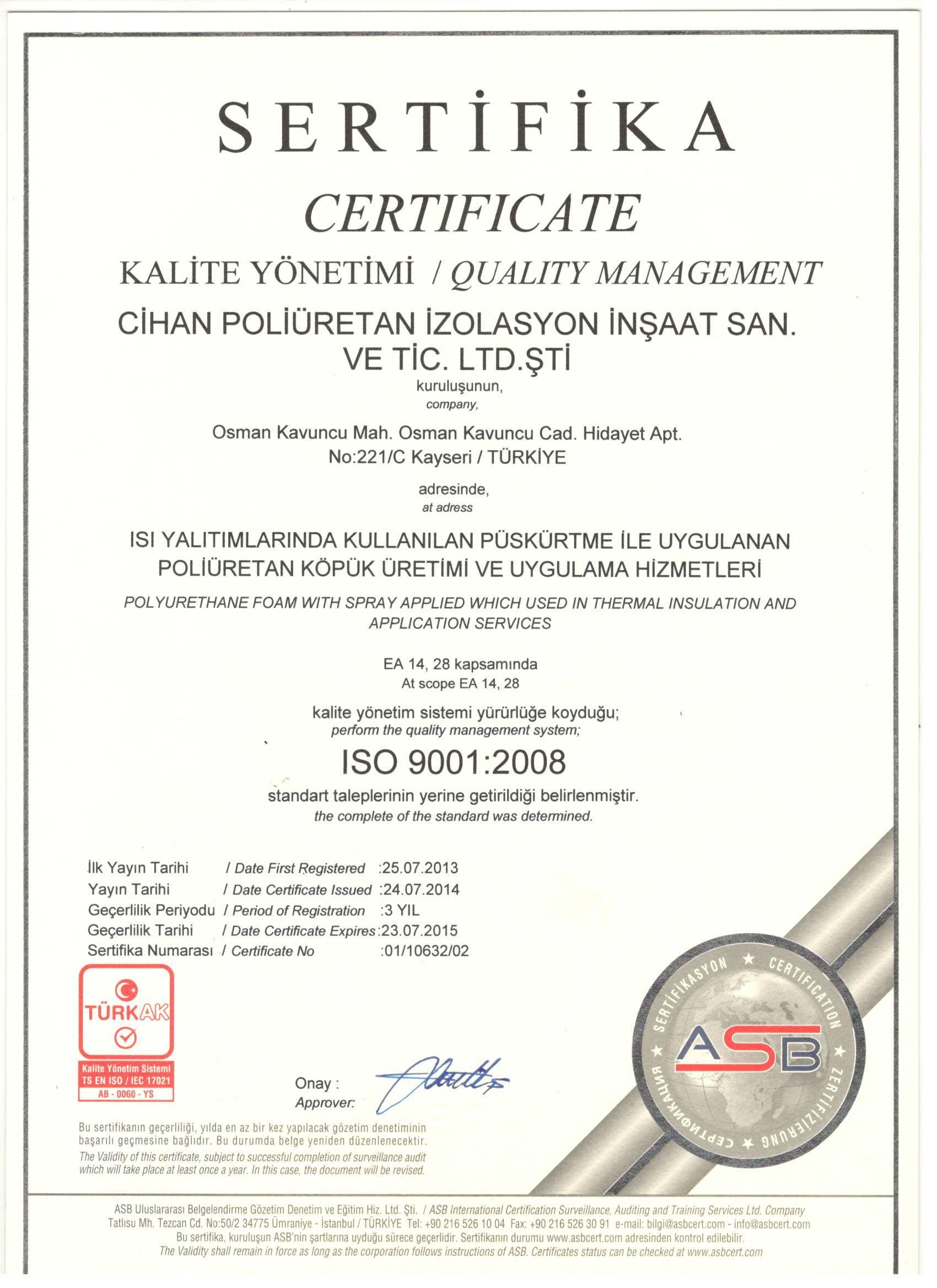 ISO 9001-2008 Kalite Yönetim Sertifikası